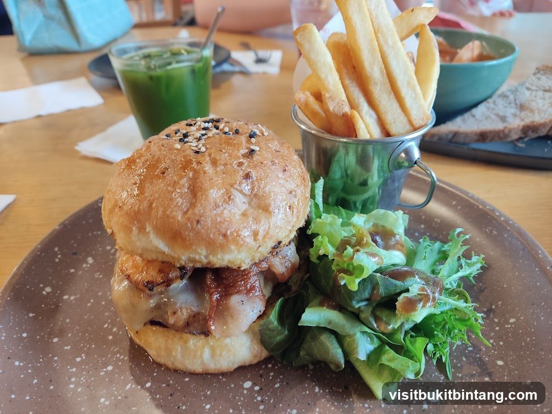 Burger with fries and salad
