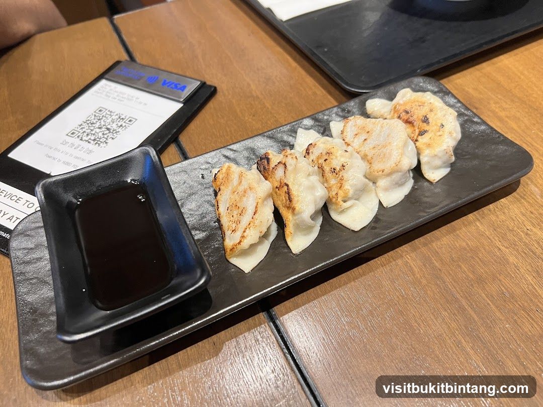 Pan-fried dumplings with dipping sauce