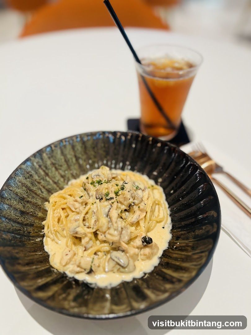 Creamy Pasta with Mushrooms and a Drink