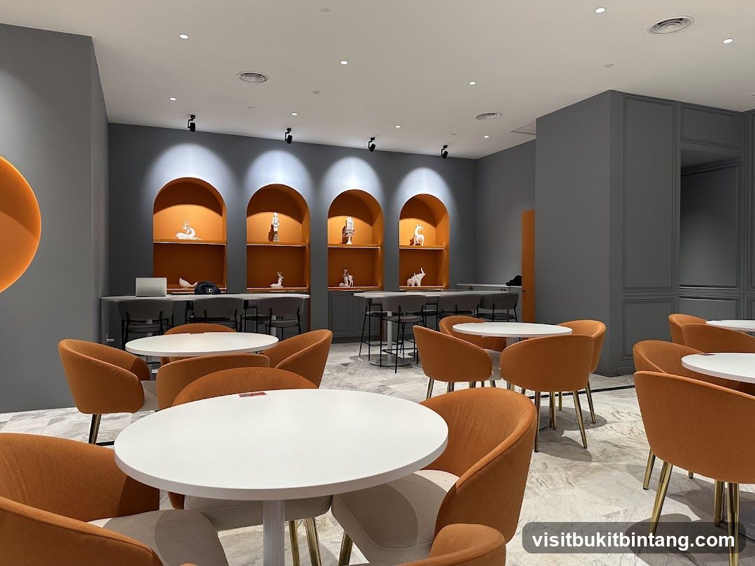 Modern Cafe Interior with Orange Seating