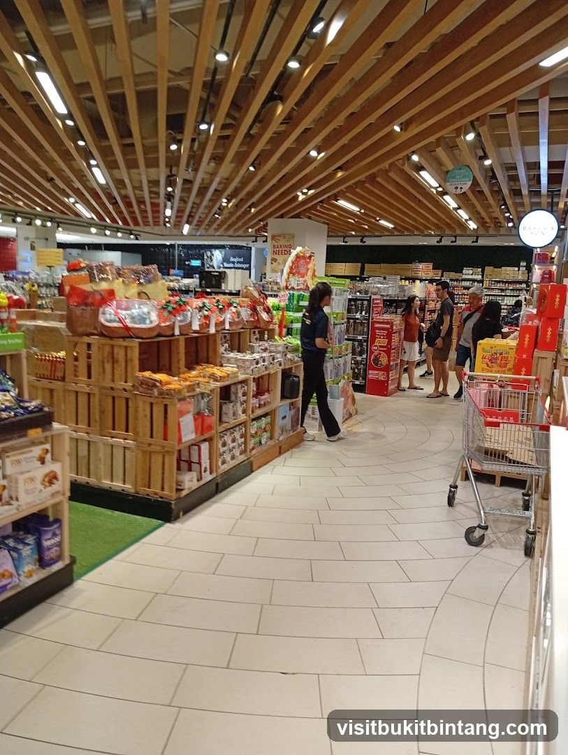 Supermarket aisle with gift baskets and food items