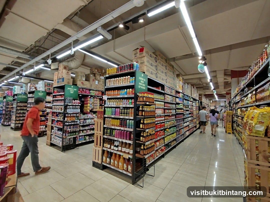 Supermarket aisle with shelves stocked with food products