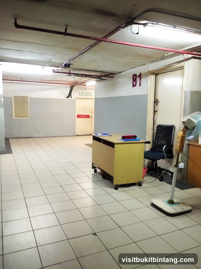Office hallway with desk and fan