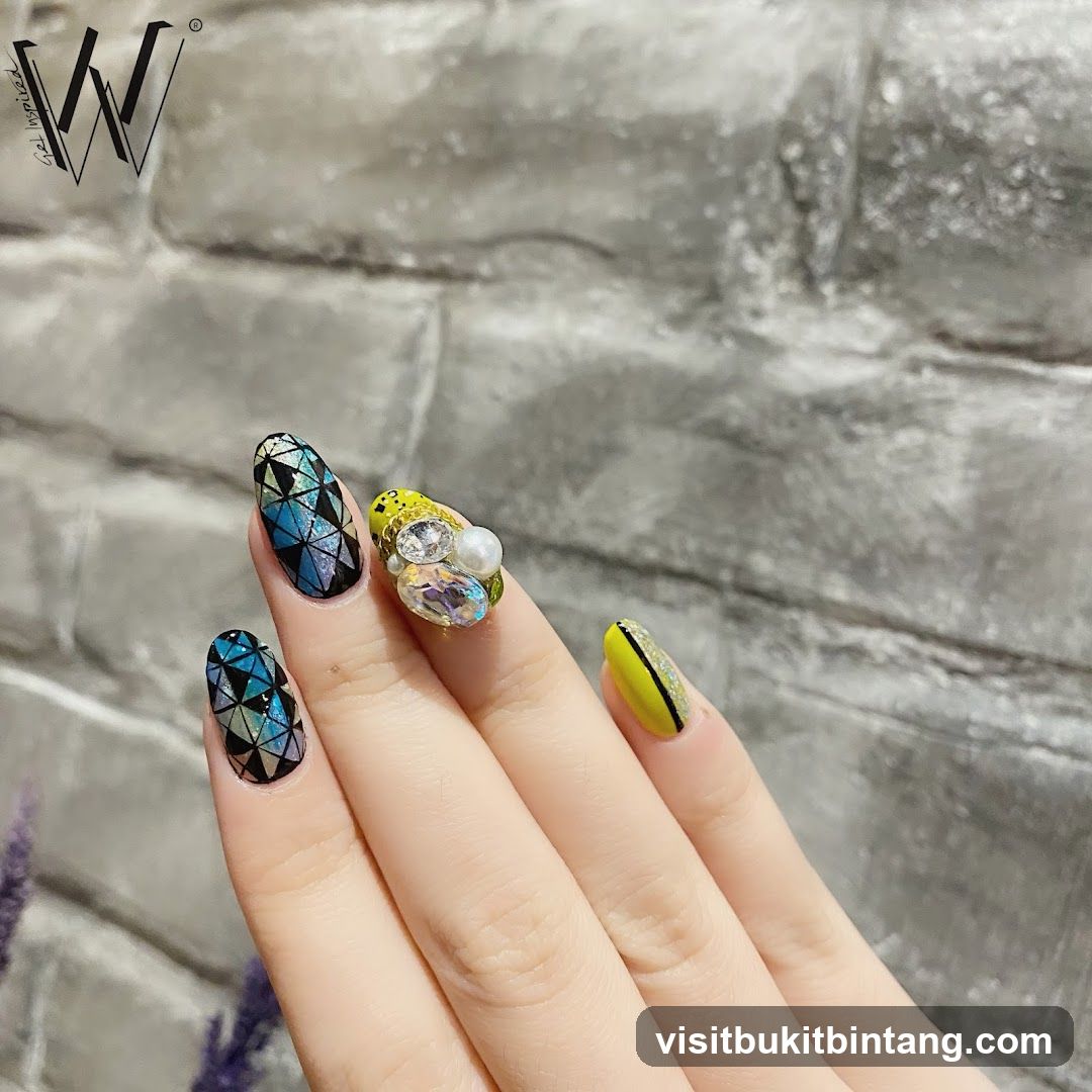 Nail Art with Rhinestones and Geometric Design