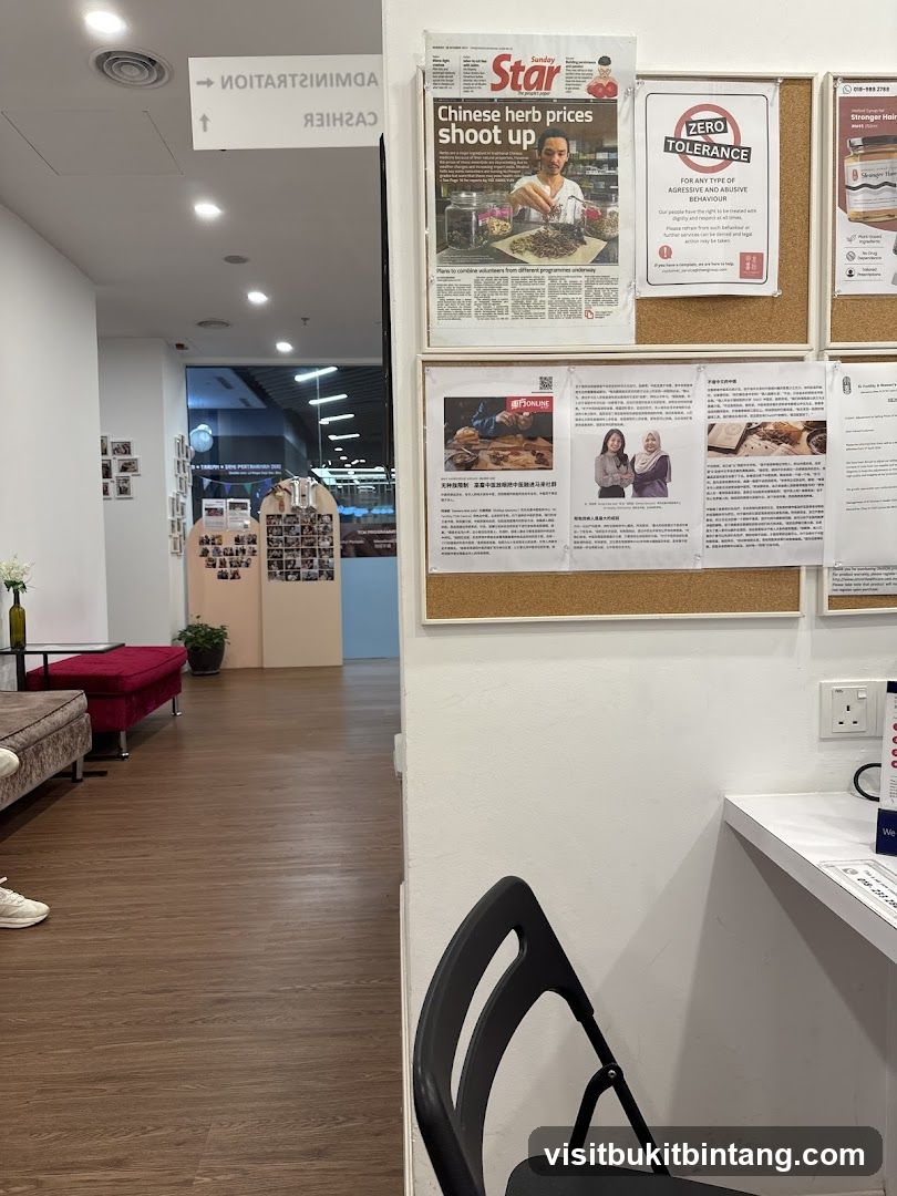 Notice board with news articles and signs