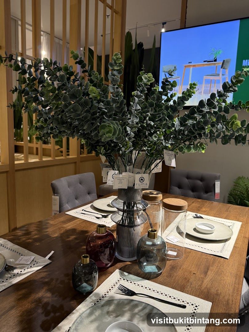 Dining Table Setting with Faux Eucalyptus and Decorative Vases