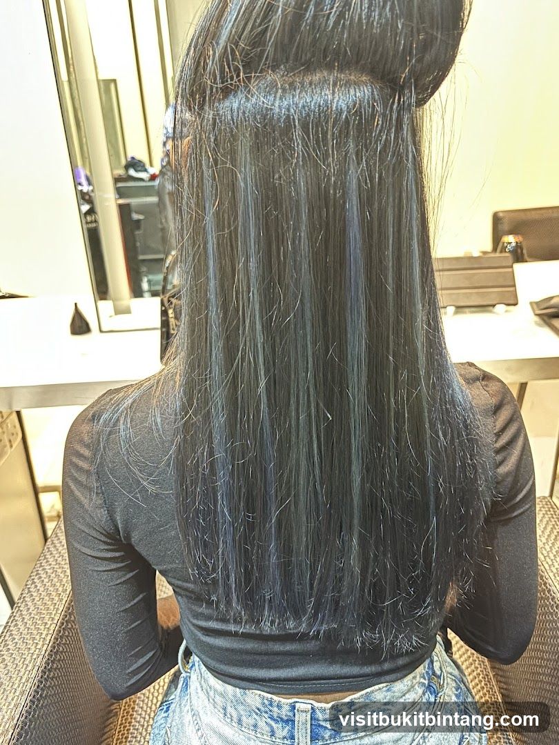 Woman with freshly styled dark hair with blue highlights
