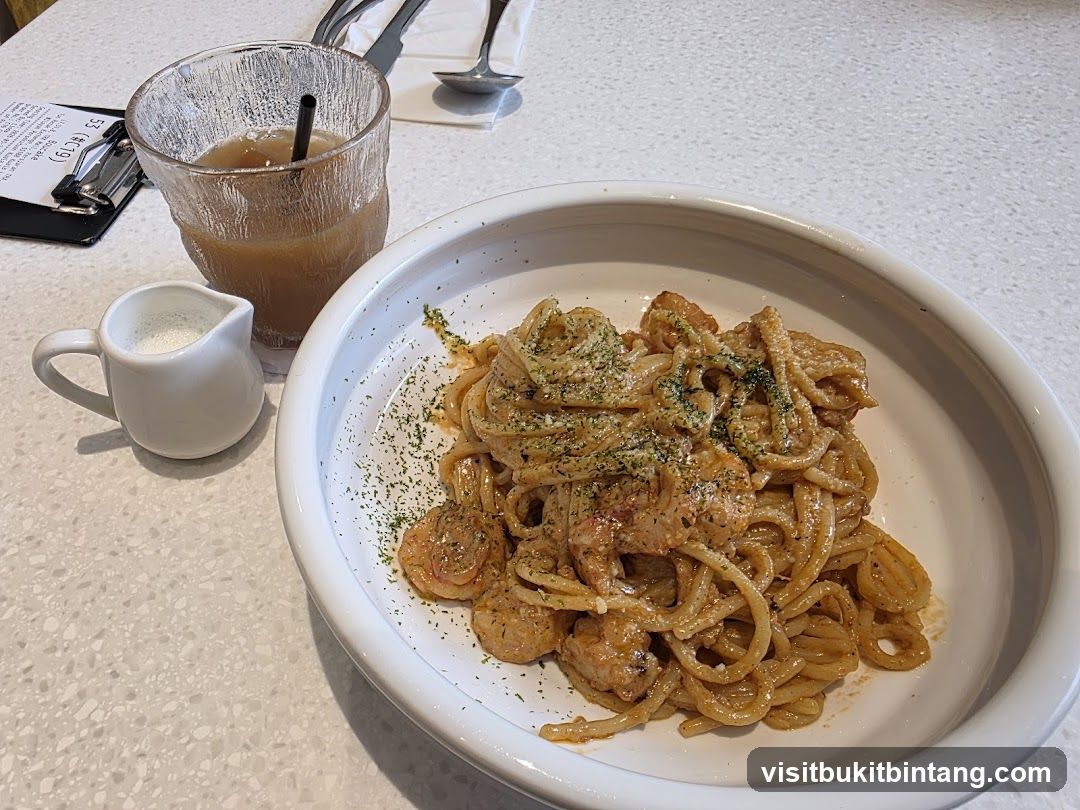 Shrimp Pasta and Drink