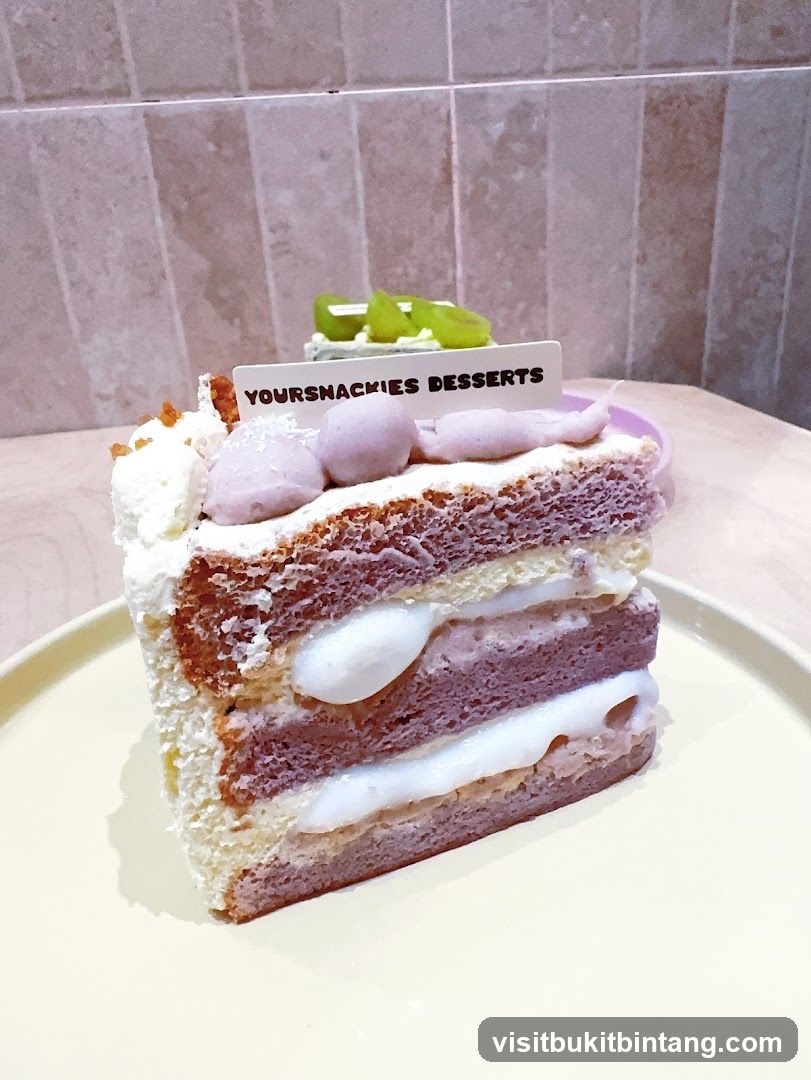 Slice of layered cake with purple cream and kiwi topping