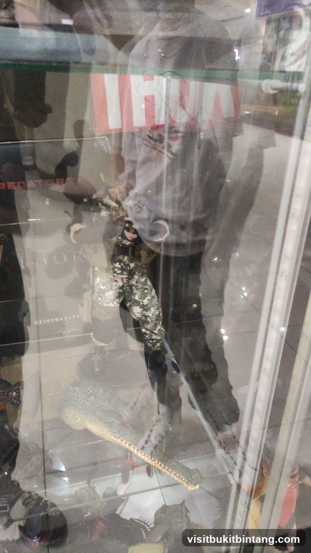 Display case with action figures and a model crocodile