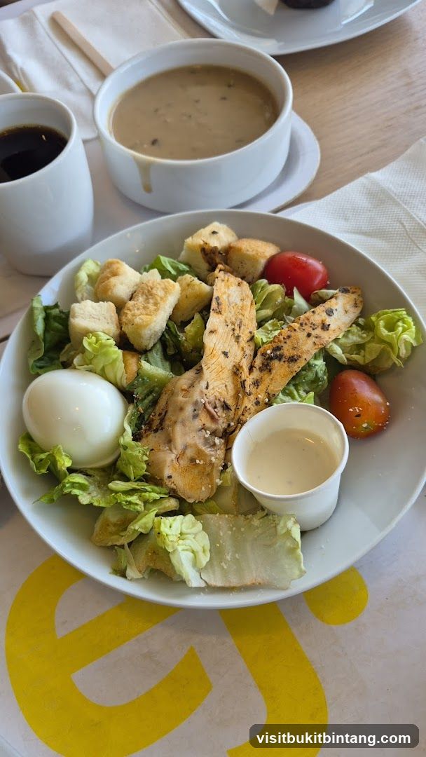 Chicken Caesar Salad with Soup and Coffee