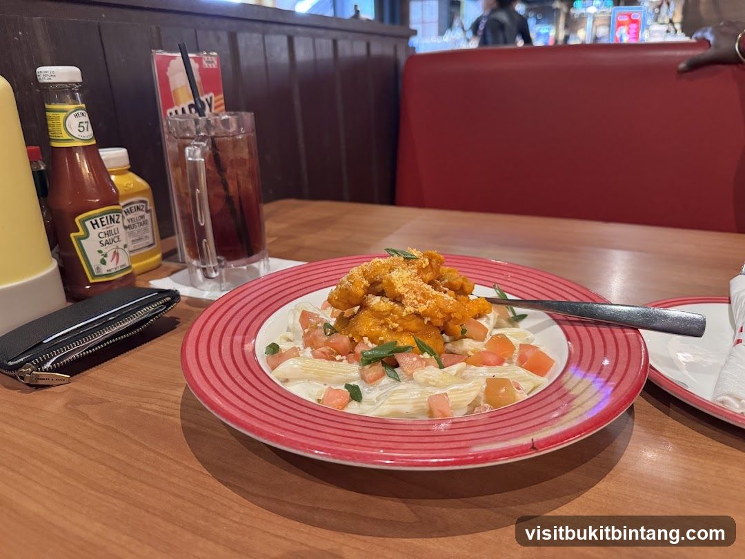 Pasta Dish with Chicken and Drink