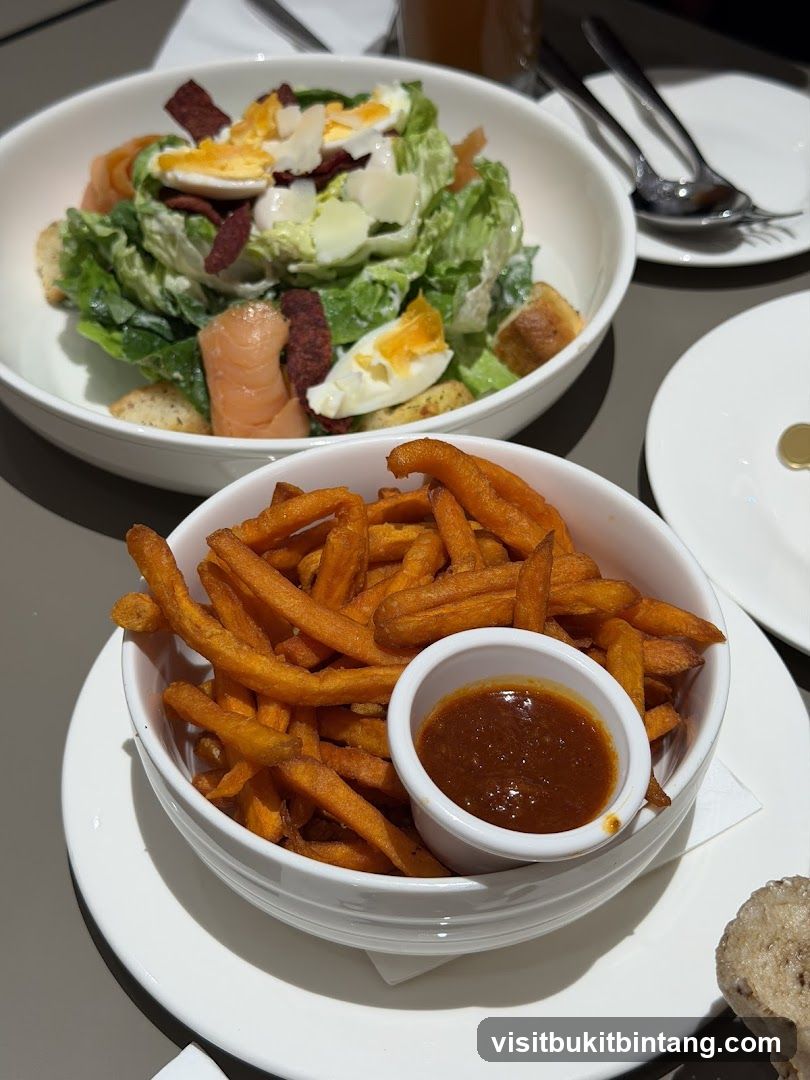 Salmon Caesar Salad and Sweet Potato Fries