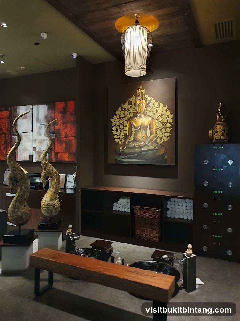 Spa waiting area with Buddha art