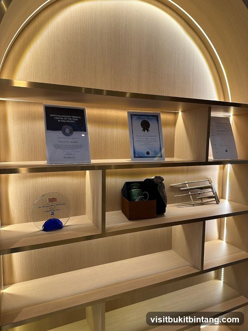 Awards and decorative items on shelves