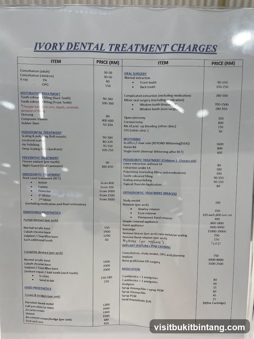 IVORY DENTAL TREATMENT CHARGES
