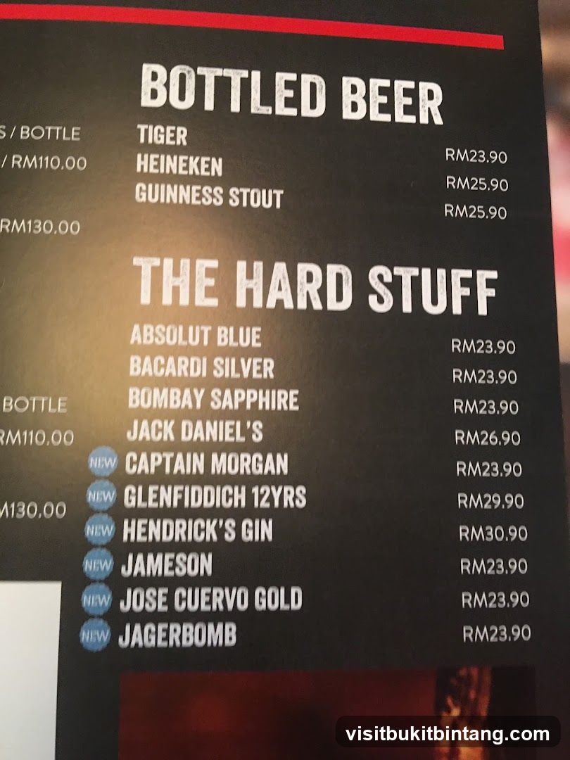 Bottled Beer and Hard Stuff Menu