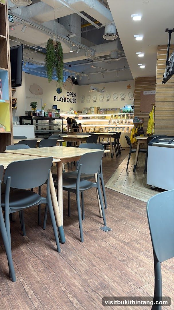 Interior of a cafe with playhouse area
