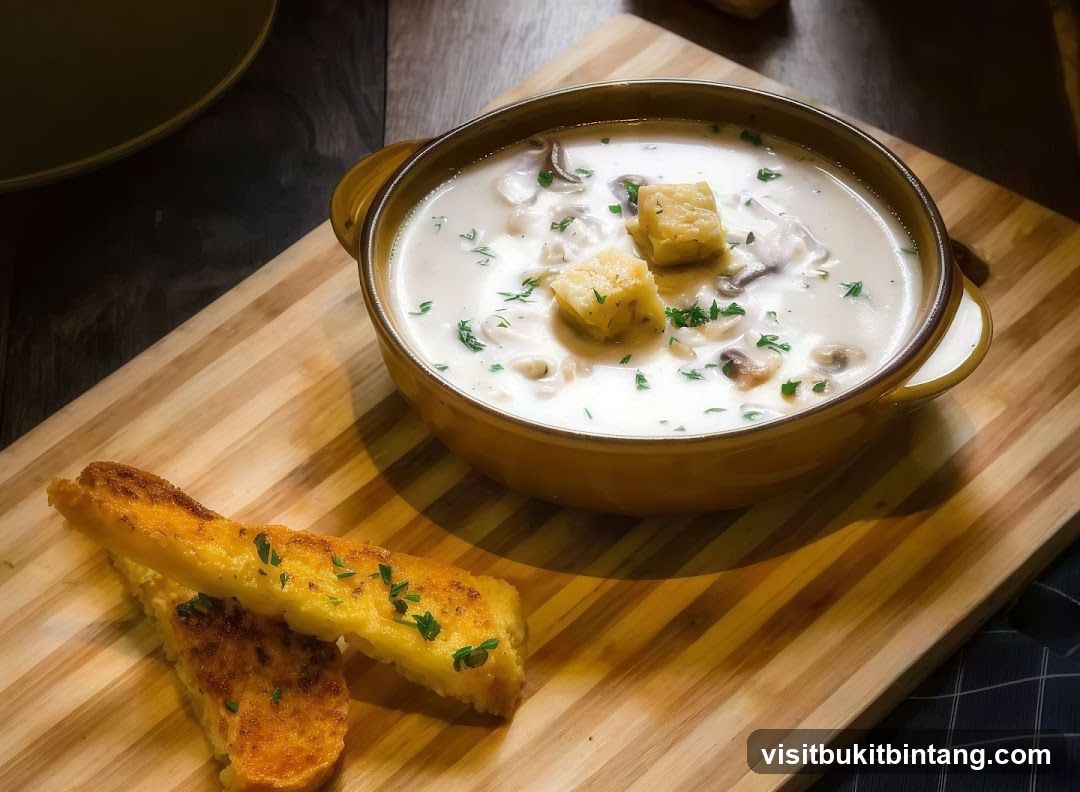 Creamy Mushroom Soup with Croutons and Garlic Bread