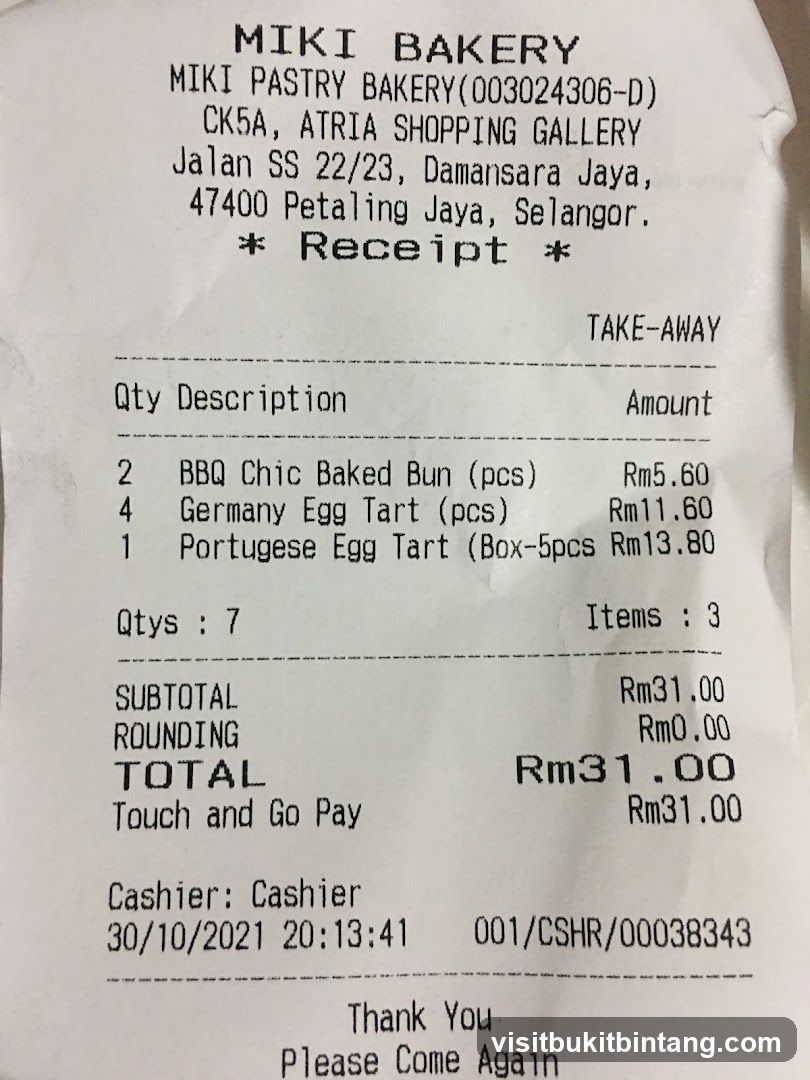 MIKI BAKERY Receipt