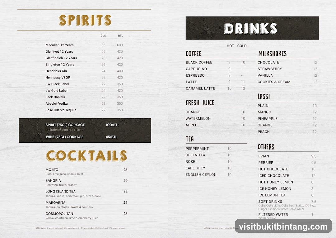 Spirits and Drinks Menu