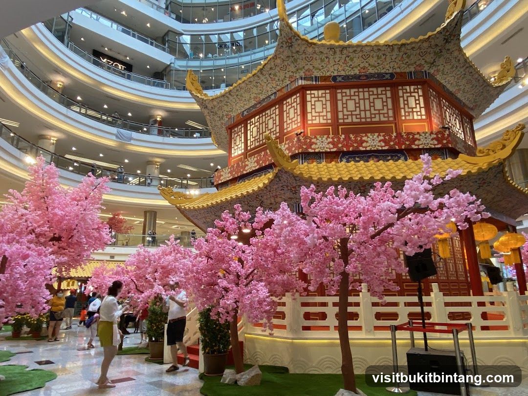 Mall Interior with Chinese Pavilion and Cherry Blossoms