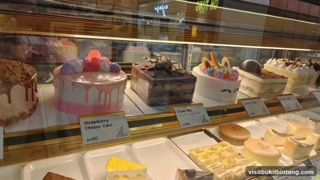 Cakes in a display case
