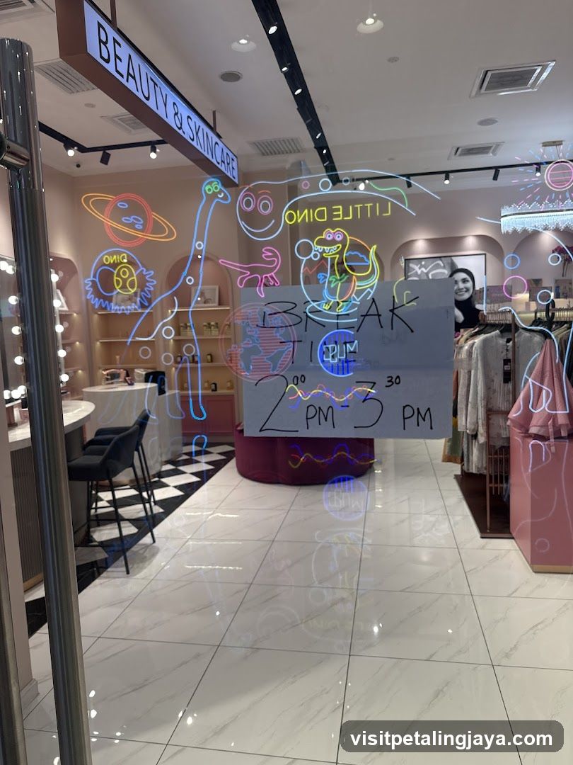 Store Interior with Neon Decorations and Break Sign