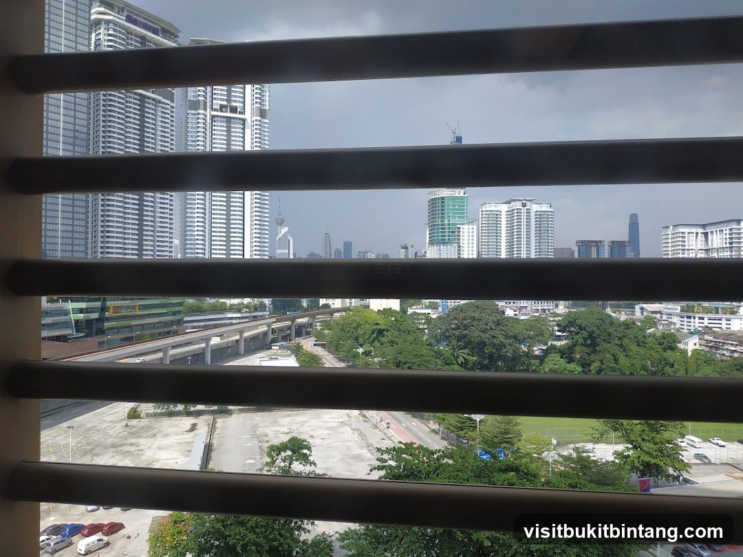 Cityscape through blinds