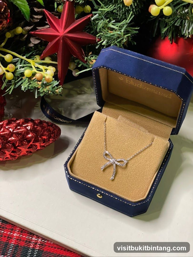 Diamond bow necklace in a gift box