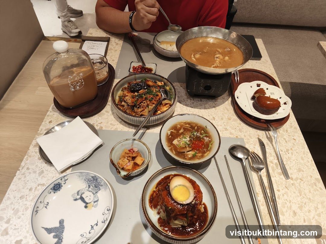 Table with various dishes and drinks