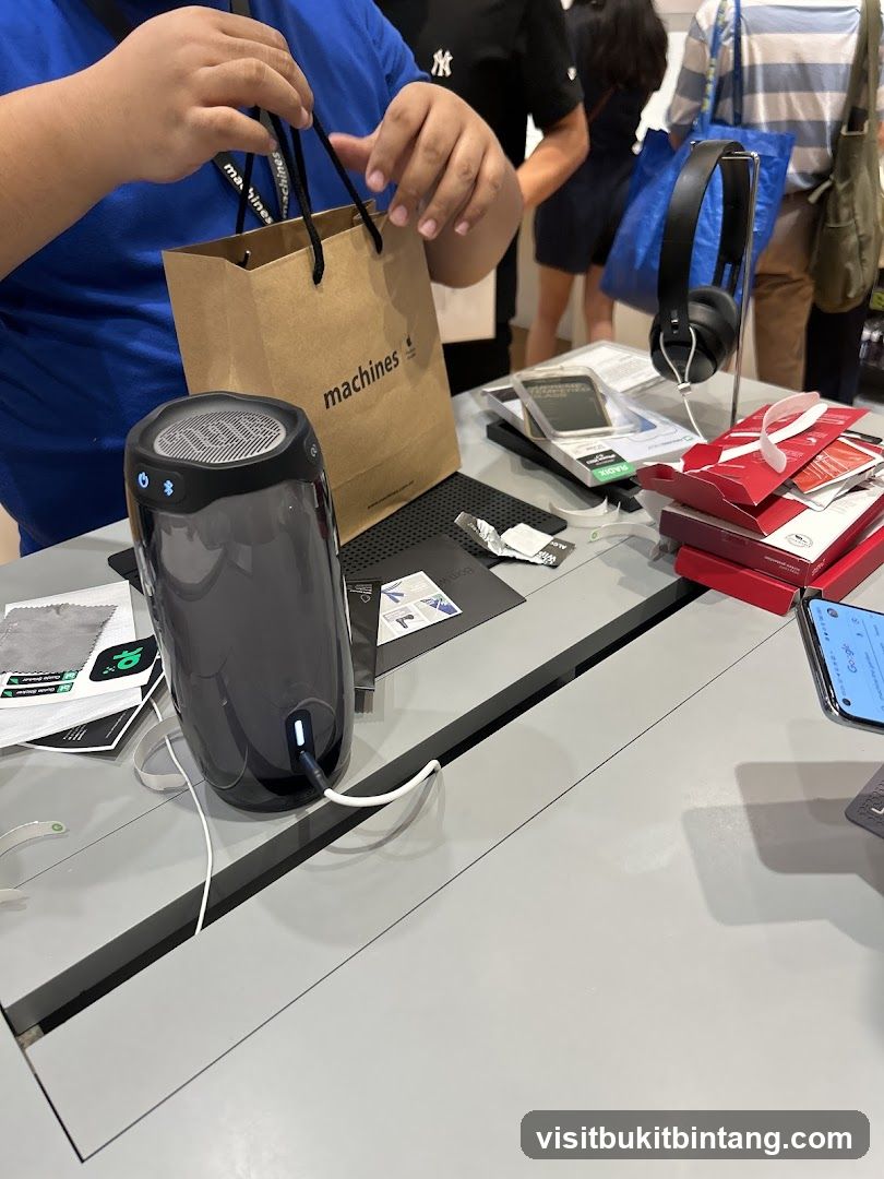 Counter with electronics and shopping bag