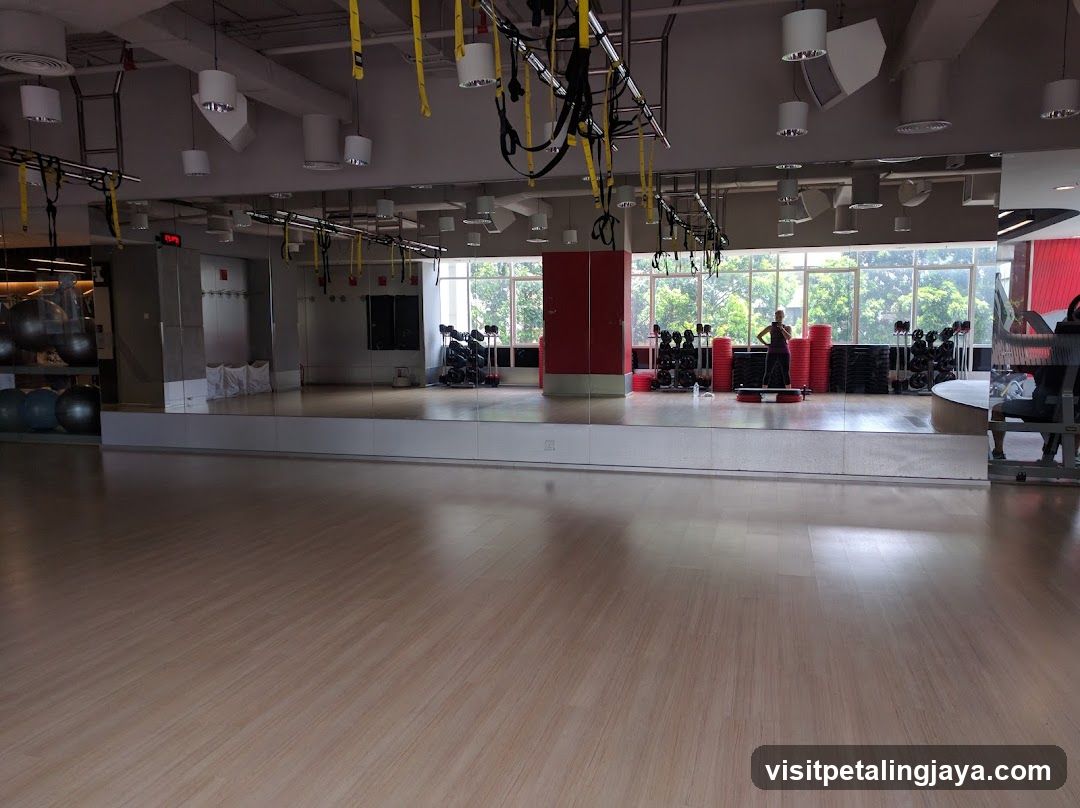Gym Interior with Mirrored Wall and Exercise Equipment