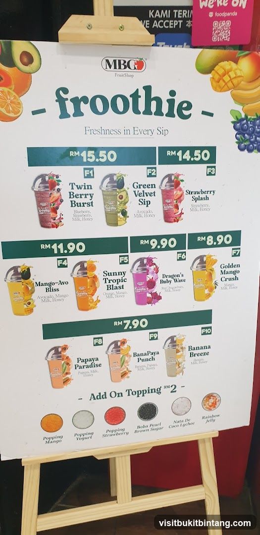 MBG Fruit Shop Froothie Menu