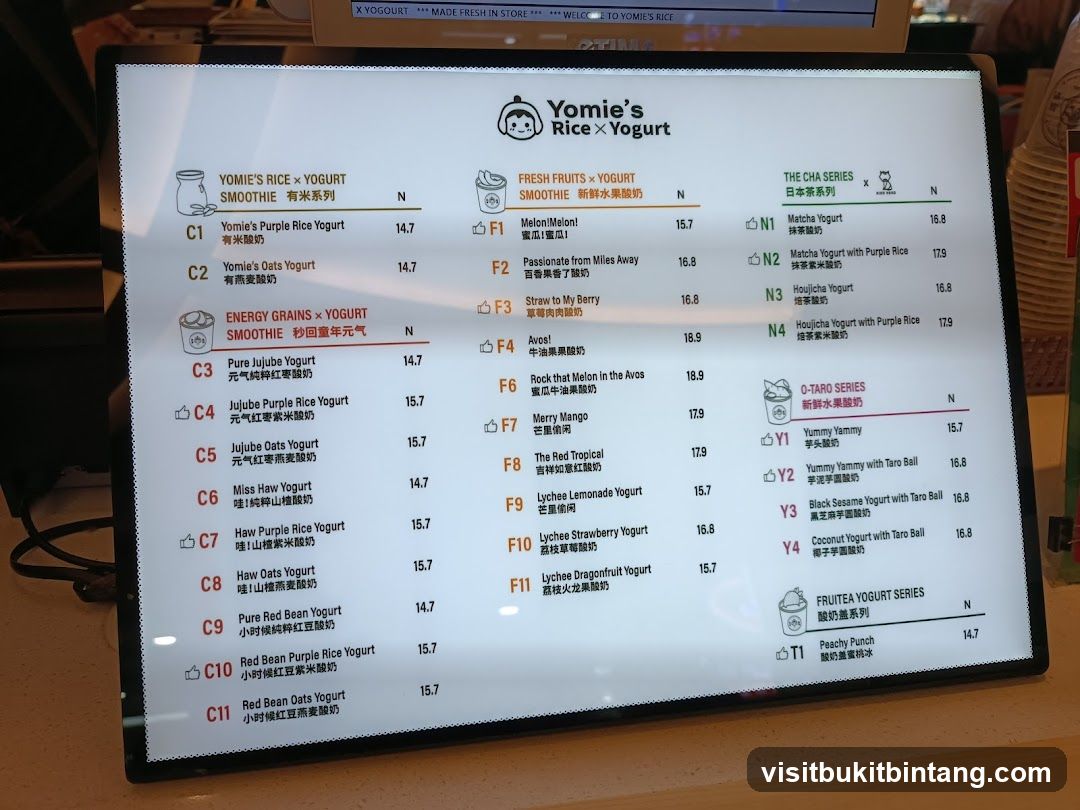 Yomie's Rice Yogurt Menu