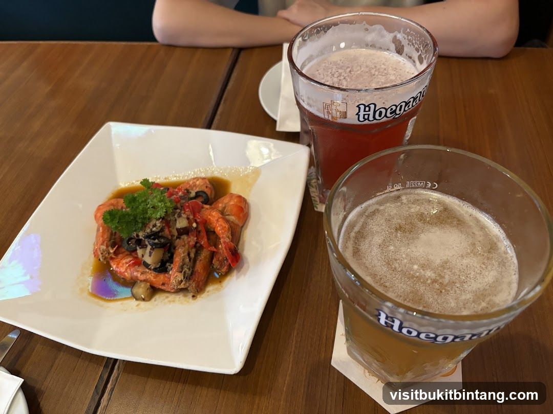 Shrimp dish and beer