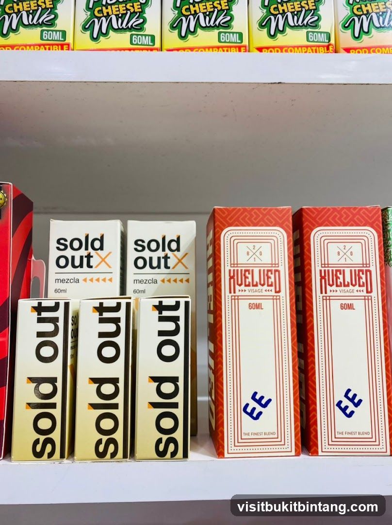 E-liquid products on a shelf