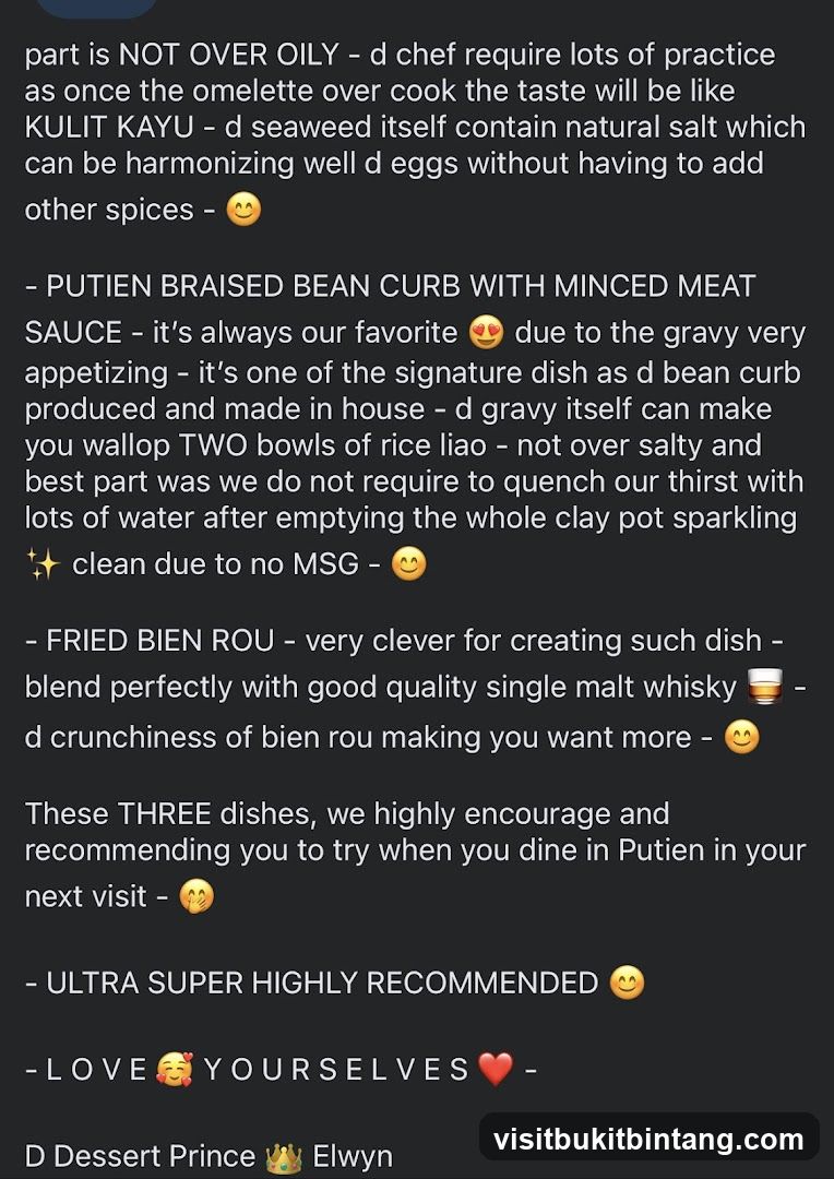 A dark background with white text describing three dishes: KULIT KAYU, PUTIEN BRAISED BEAN CURB WITH MINCED MEAT SAUCE, and FRIED BIEN ROU. The text highlights the taste and preparation of each dish, with emojis and a recommendation to try them. The text concludes with a sign-off from "D Dessert Prince Elwyn".