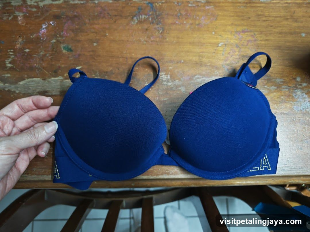 Blue Bra on Wooden Table