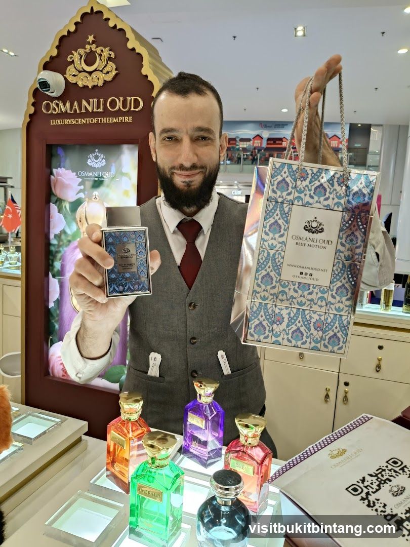 Man holding perfume bottle and shopping bag