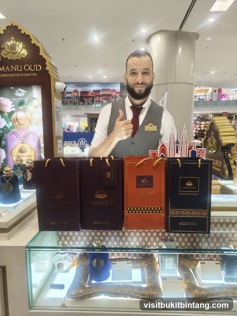 Perfume display with staff