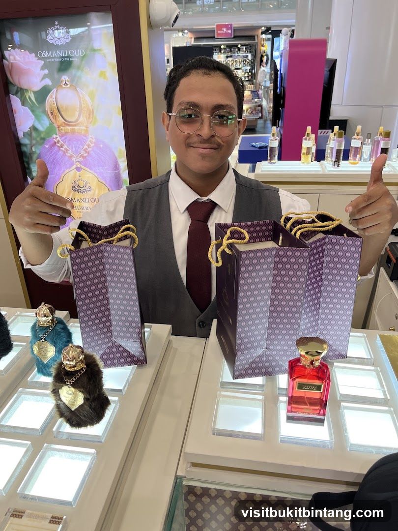 Perfume display with staff
