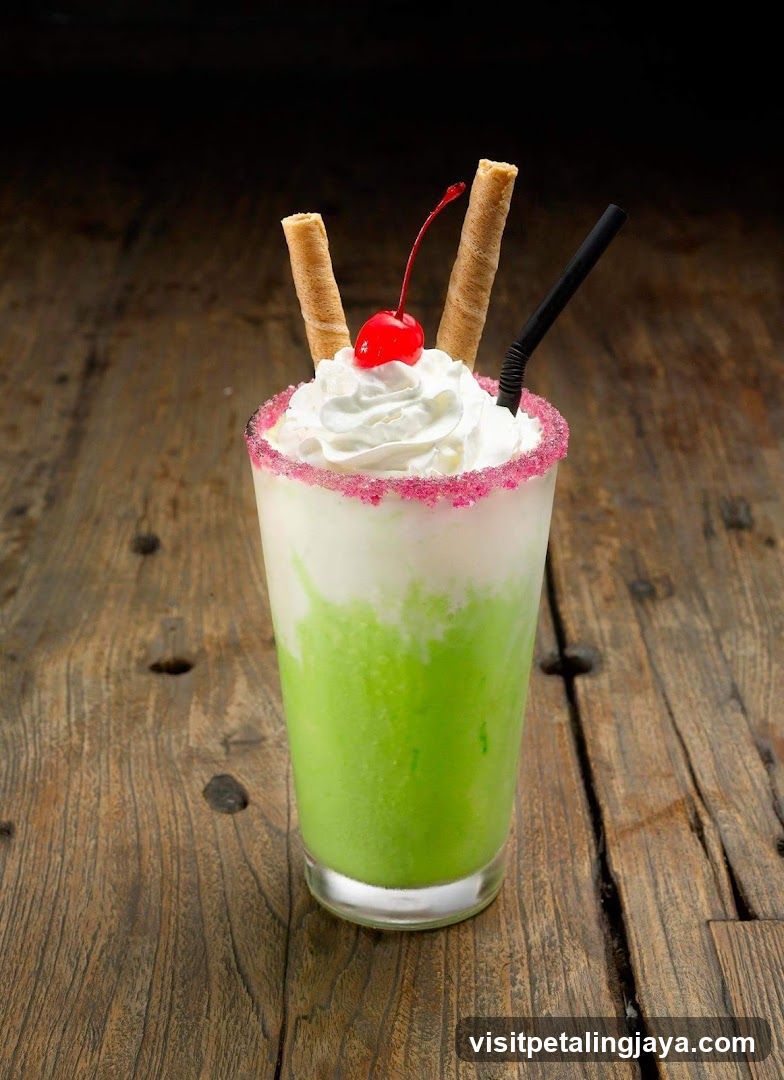 Green Milkshake with Cherry and Wafers