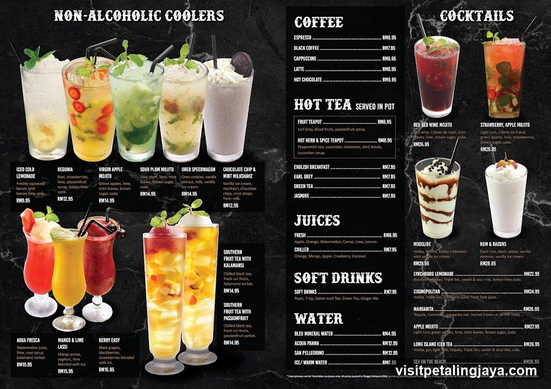 Non-Alcoholic Coolers, Coffee, Hot Tea, Juices, Soft Drinks & Cocktails Menu