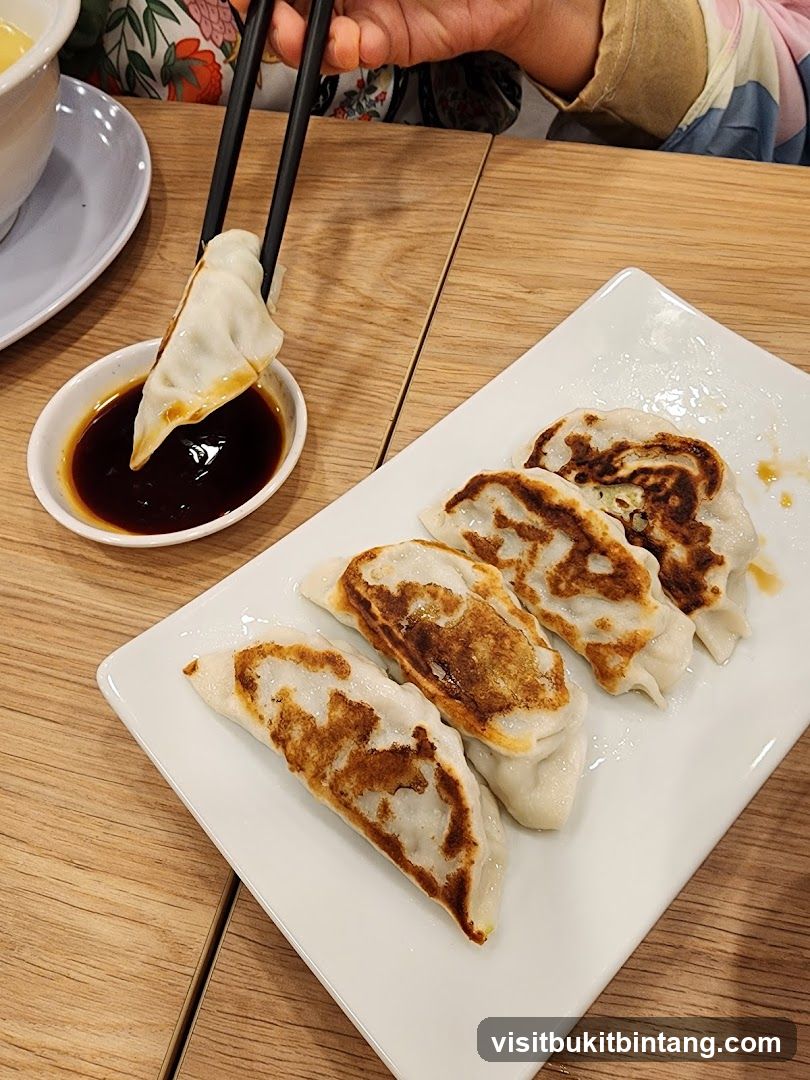 Pan-fried dumplings being dipped in soy sauce