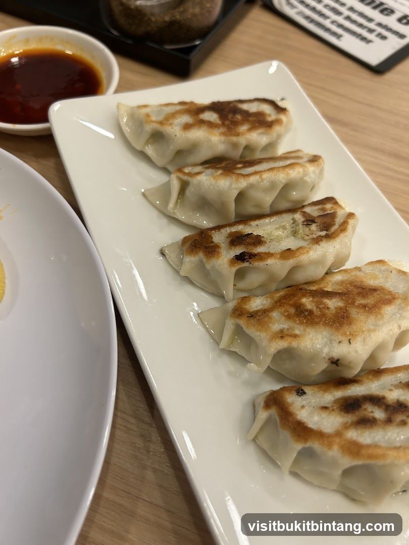 Pan-fried dumplings with dipping sauce
