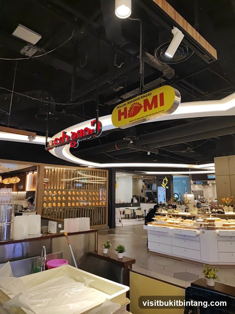 Food court interior with signage