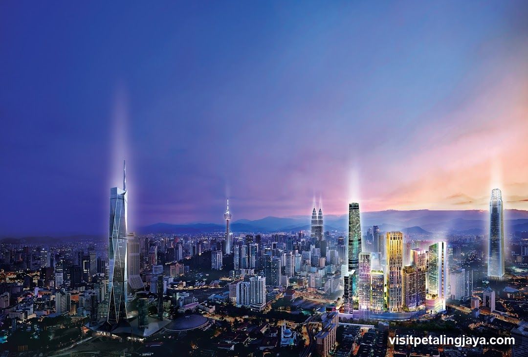 Cityscape at dusk with illuminated skyscrapers