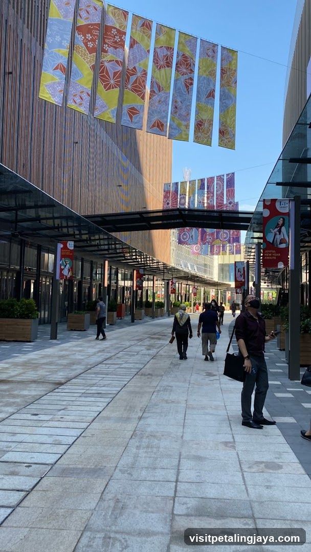 Outdoor Shopping Walkway with Decorative Banners