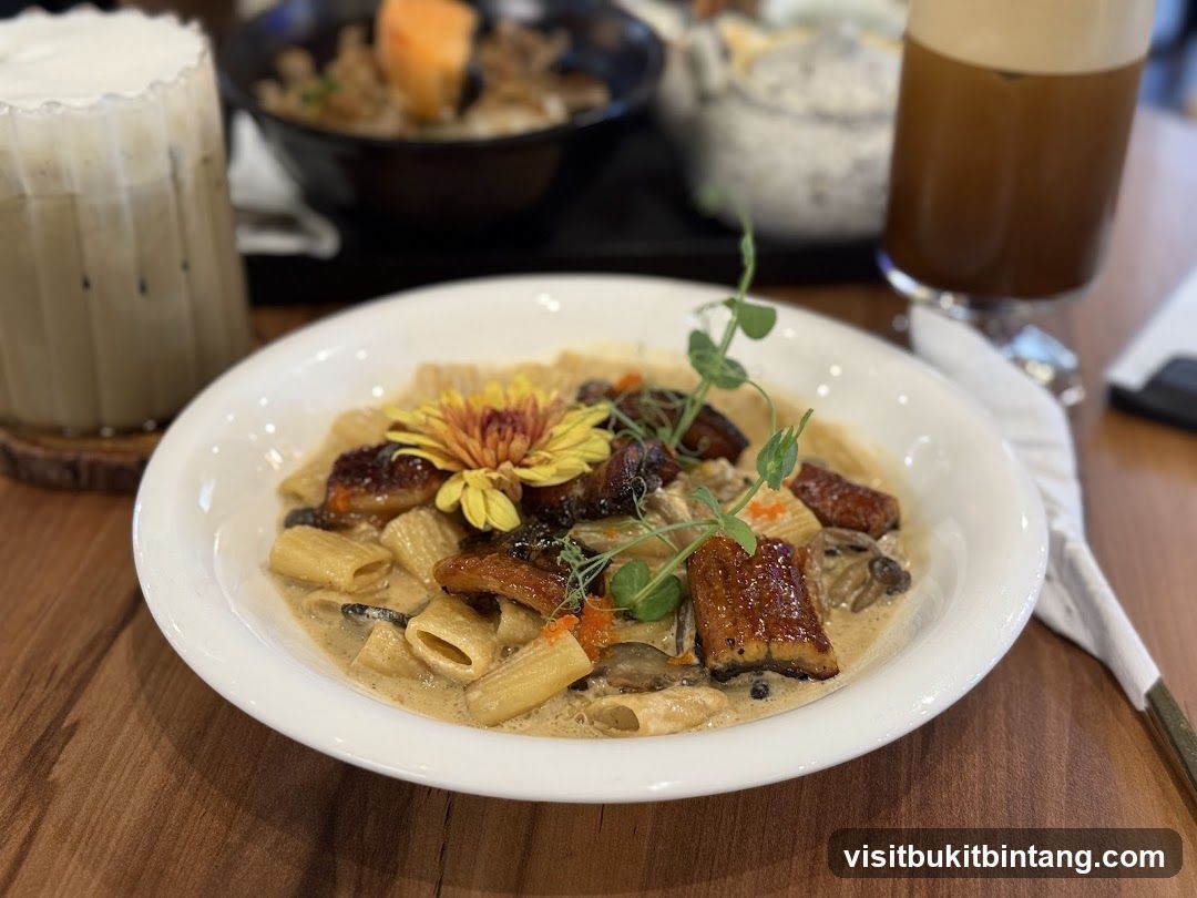 Pasta Dish with Toppings and Drinks
